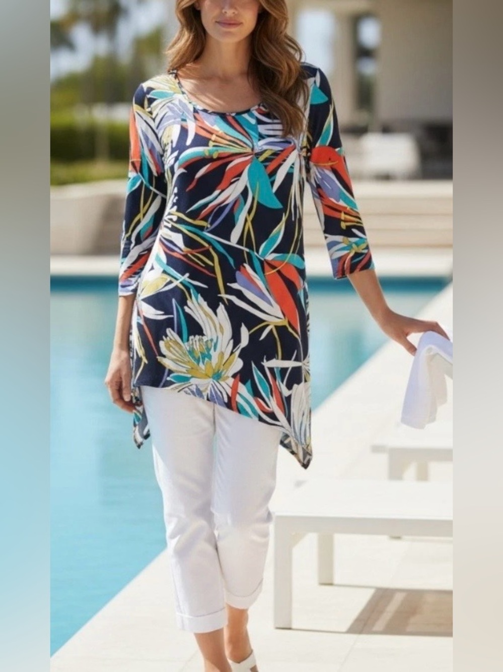 Clara Sun Woo Women’s Asymmetric Abstract Floral Print Tunic Top - Blue Multi -M
